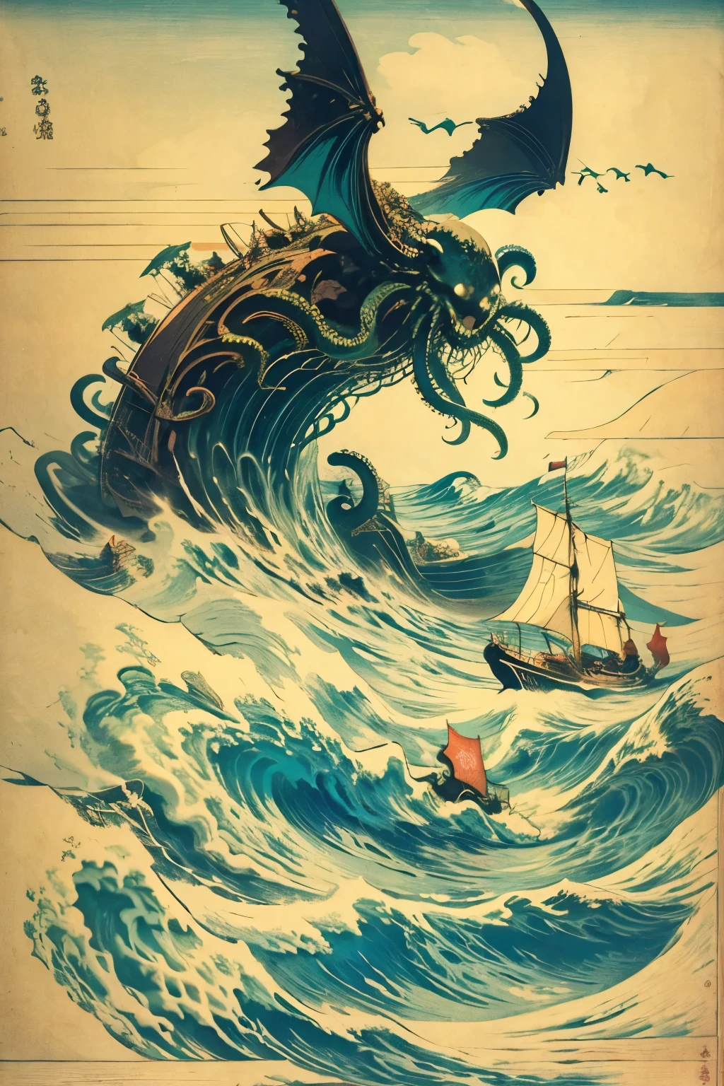 A sailing ship that encountered a monster called Cthulhu at sea , The composition is a sailing ship at the bottom of the screen and a monster at the top of the screen ,The monster is trying to capture the sailing ship , This monster has a head like an octopus , This monster has demon wings growing from its back , This monster has craw , The sailboat is rocking on the waves, The sea is rough and the waves are high , The sky is dark and starry , ukiyoe , Indigo theme , 最高品質, 高解像度