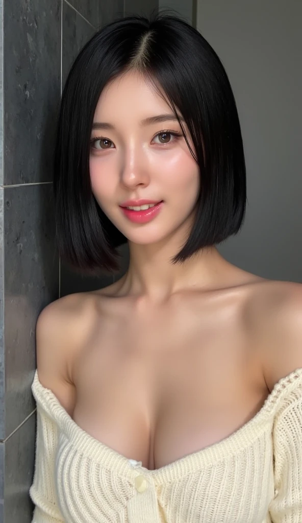 ((Best quality, 8k, Masterpiece :1.3)), 1girl, Pretty woman with slender abs :1.3, (Medium-short hair, Huge breasts :1.2), Ultra-detailed face, Detailed eyes, Double eyelid, (((large breasts))), soft round breasts, buttoned up shirt, tight clothes, more Torso showing, very big breasts,