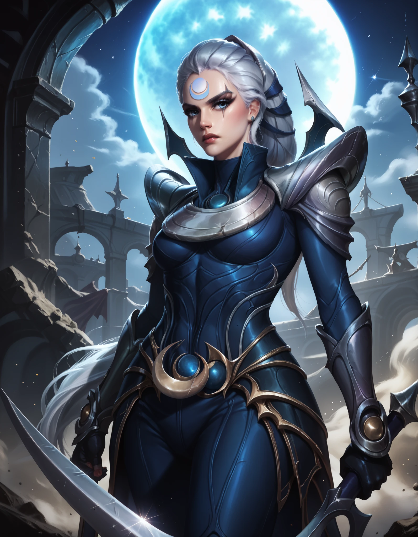 Diana from League of Legends, standing on a crescent-lit battlefield, long silver hair flowing, piercing pale blue eyes, wearing dark armor with silver crescent moon motifs, holding her large, (curved crescent) blade, dramatic backlighting from a full moon, subtle blue mist around her feet, highly detailed digital painting, cinematic lighting. upper body illustration.