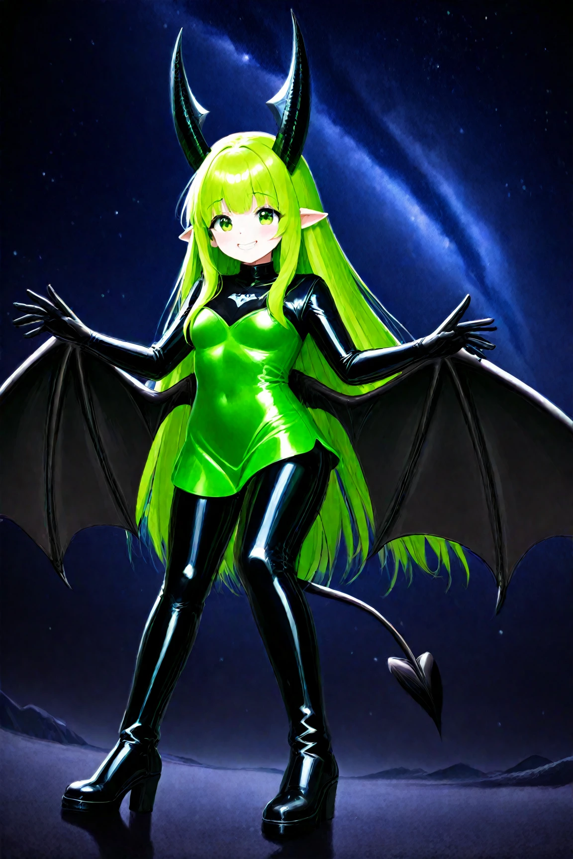 Cute year old dragon girl, fluorescent electric green eyes,  shoulder length curly brunette hair,  tiny black dragon horns and tails, tiny dragon wings