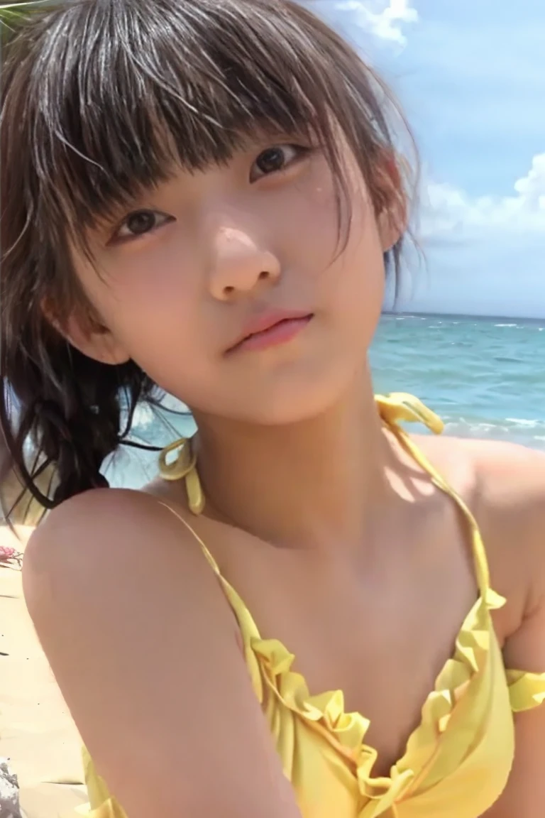 Full body photo of little girl in bikini with her legs spread