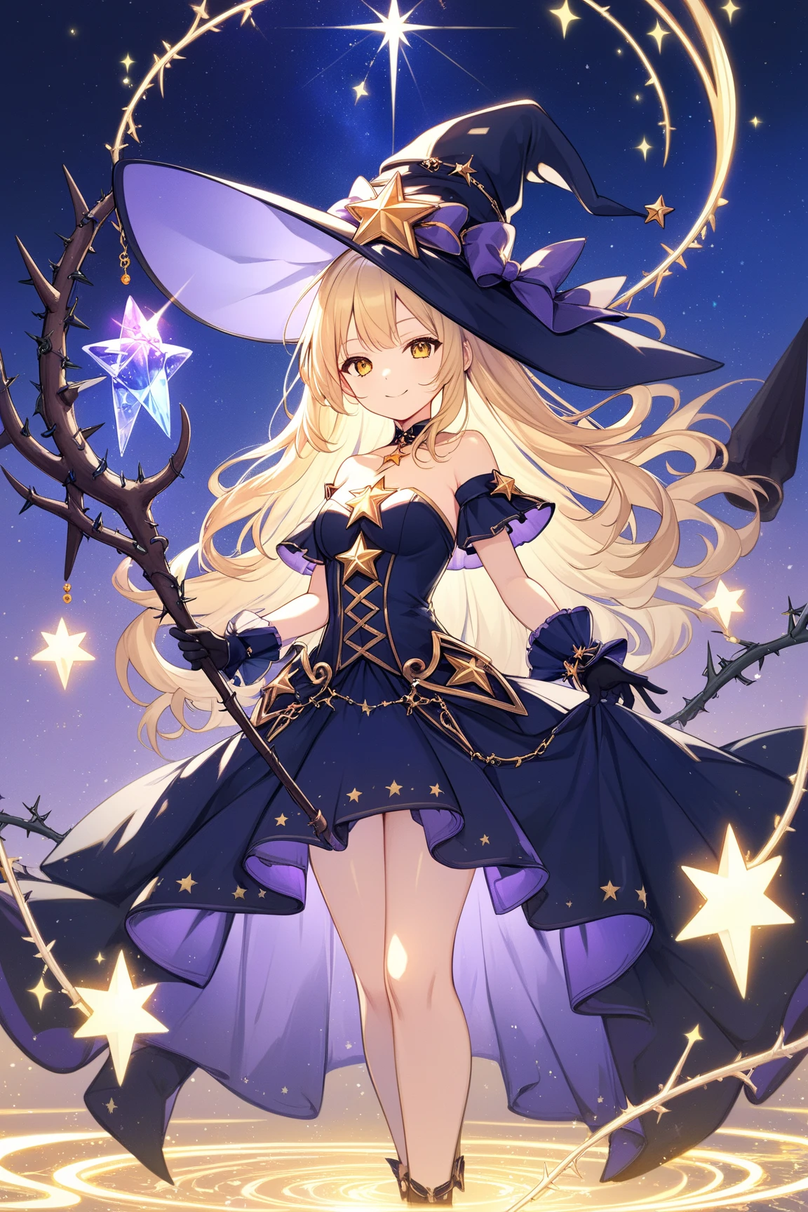 highest quality,wizard,girl,,dark blue witch hat,dark blue short cloak,mini skirt,flat chest,Her chest is open and her bra is visible.,panties are visible,Jewelry brooch on the chest,blonde,purple eyes,magic wand,Magic Effects