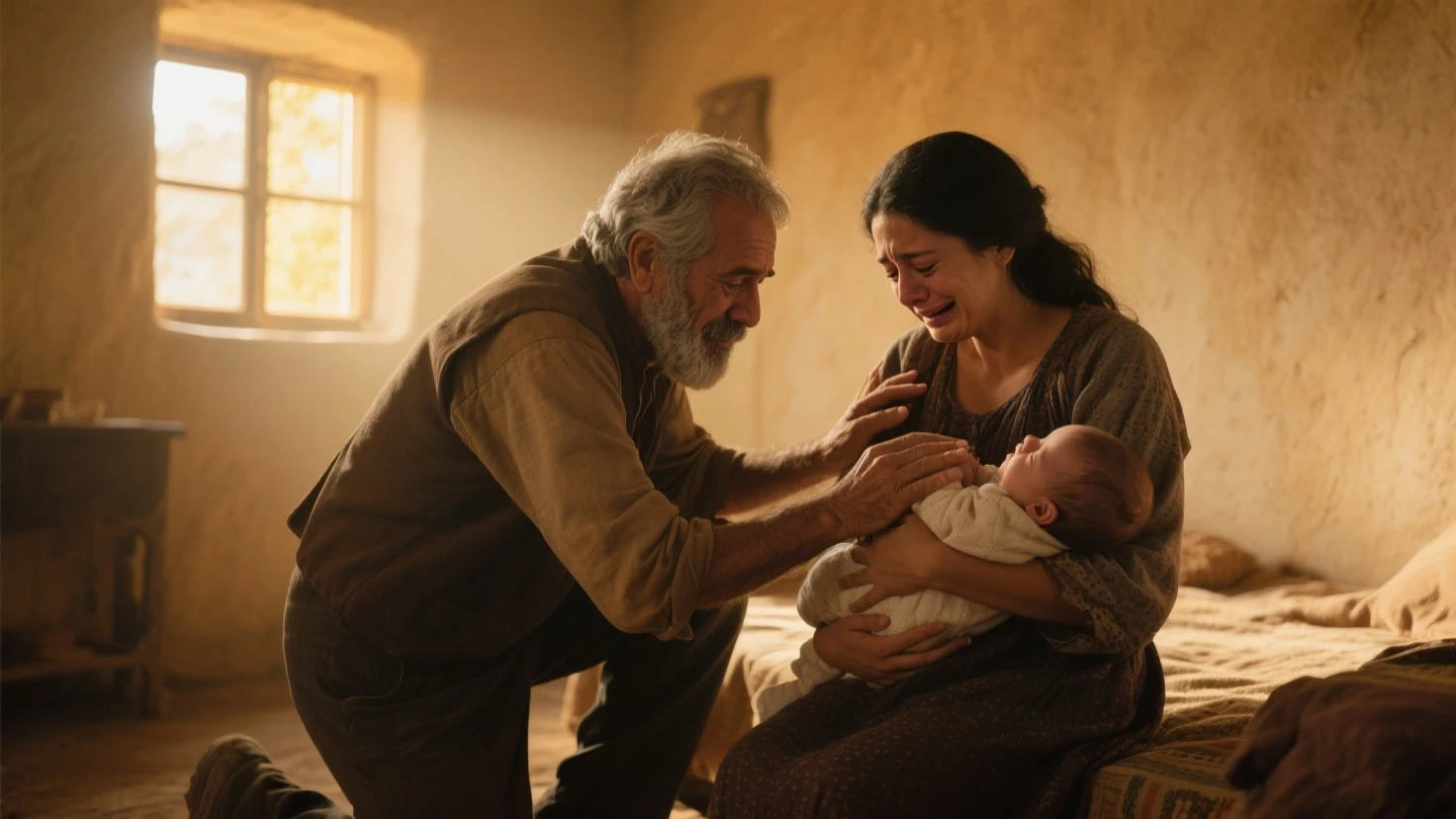 Old man holding a baby on a blanket while an old woman holds a candle, Digital Painting with 8k Resolution,