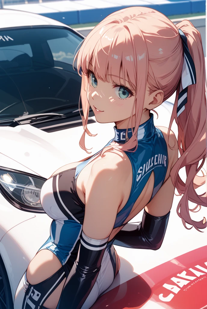 Highest quality,masterpiece,Auto racing circuit,Supermodel,Ridiculous Swimsuit,Checkered Flag,smile,Race Queen