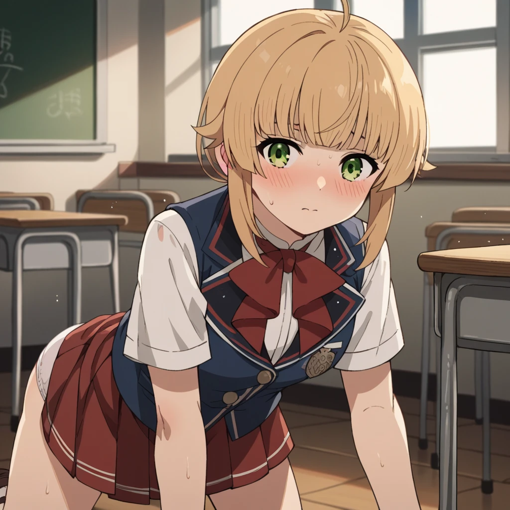 score_9, score_8_up, score_7_up, source_anime,
norngreyrat, norn greyrat, bangs, blonde hair, green eyes, ahoge, full naked,pink nipple,
indoors, classroom, bent over, smile,
solo, dutch angle, looking at viewer, cowboy shot,