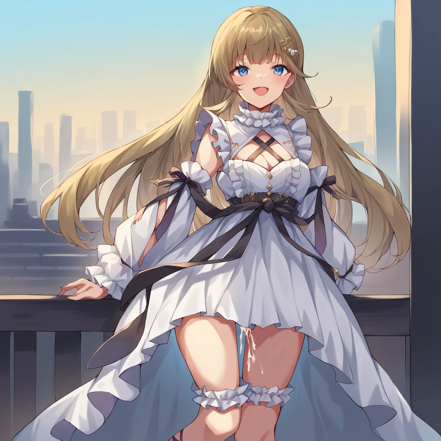 solo, standing skinny girl, long white hair, (white frilled white dress), (very short dress), (white frilled white tops), sheer dress, bared shoulders, too narrow corset cinches waist too tight, white thighhighs, white thigh strap, BREAK, red eyes, BREAK, golden tiaras, carrying a saber at her waist, BREAK, (show off large perky breasts), cleavage, collarbone, BREAK, skinny long legs, show off thigh gap, hand on hip, BREAK, smile for viewer, (nsfw:1), slipping vagina, (slipping nipples)