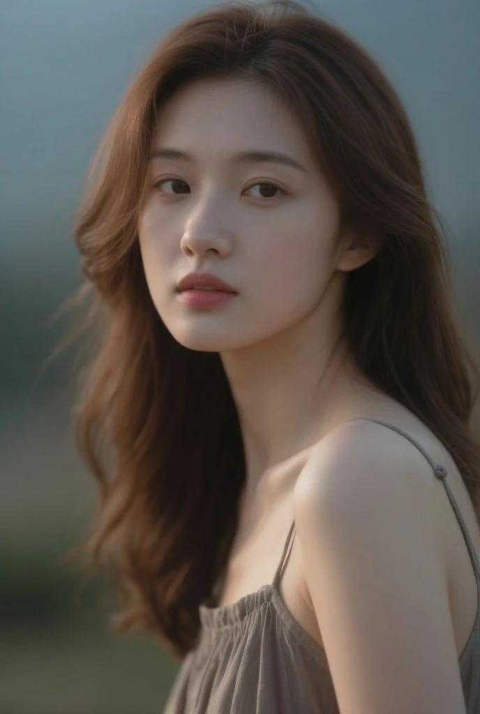 extreme close-up of beautiful beautiful korean female, 34 inch breasts size, brown hair, wearing crop top, necklace, under the tree, cinematic scene, UHD