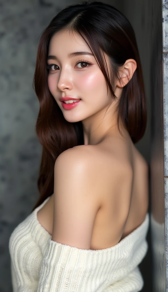 (Raw photo, Best Quality), (Realistic, Photorealsitic:1.4), masterpiece, extremely delicate and beautiful, Extremely detailed, 8k wallpaper, amazing, finely detail, extremely detailed CG Unity, hight resolution, 1 japanese woman, cowboyshot, Soft light, beautiful detailed women, 25 years old, extremely detailed eye and face, beautiful detailed nose, Beautiful detailed eyes, Cinematic lighting, Perfect Anatomy, Glamour, (Mischievous smile), (hair messy, asymmetrical bangs, light brown hair), (neat and clean clothing), (layering clothing),