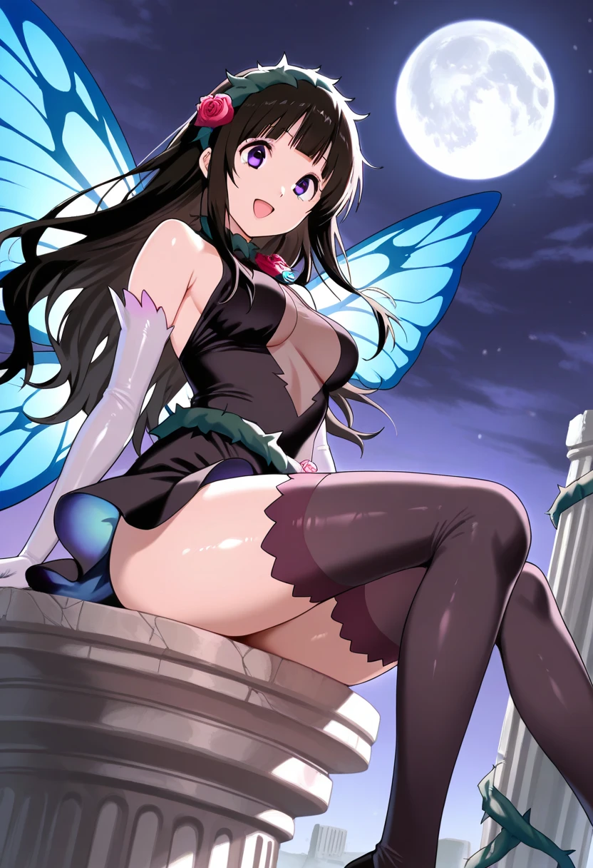 Woman with dark blue hair, butterfly wings, galaxy rainbow, leotard