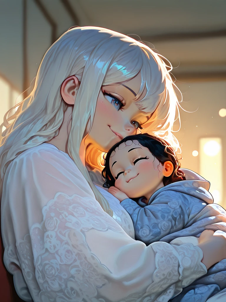 A strong slende sexy knight on light armor and magic particles around her holding her 3  cute baby boy cuddling her son nose to nose very cutely 