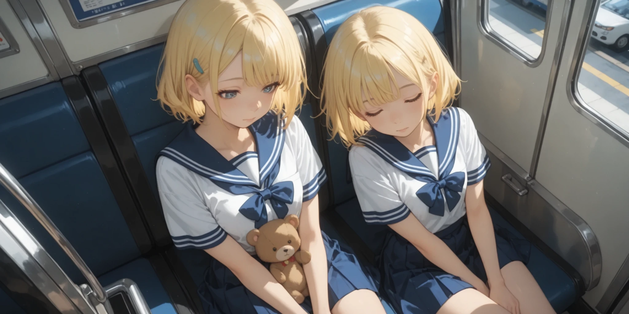 (masterpiece), (ultra high definition), 4K, 16k, 32K, (beautiful illustrations), (details), (beautiful and cute Japanese anime-style light:1.2), (cool Beautiful girls in cute Japanese anime style:1.2), cute anime sisters with a noticeable height difference. older sister is big, , Slightly upturned eyes, angled bangs, and glowing blonde. wearing a sailor suit based on red、cute anime looking at my pretty little sister lovingly. Little sister is petite, . sitting in a dark subway car. little sister is sleeping happily, leaning on older sister, holding a teddy bear carefully in her chest. The angle is from above , from a viewpoint looking down on the scene, emphasizes the height difference. the subway cars are dimly illuminated highlight the, The soft colors of the sisters、create a gentle and warm atmosphere in a dark subway environment. Soft light captures the 、Their youth々beauty and compassion, Amidst bustling transportation