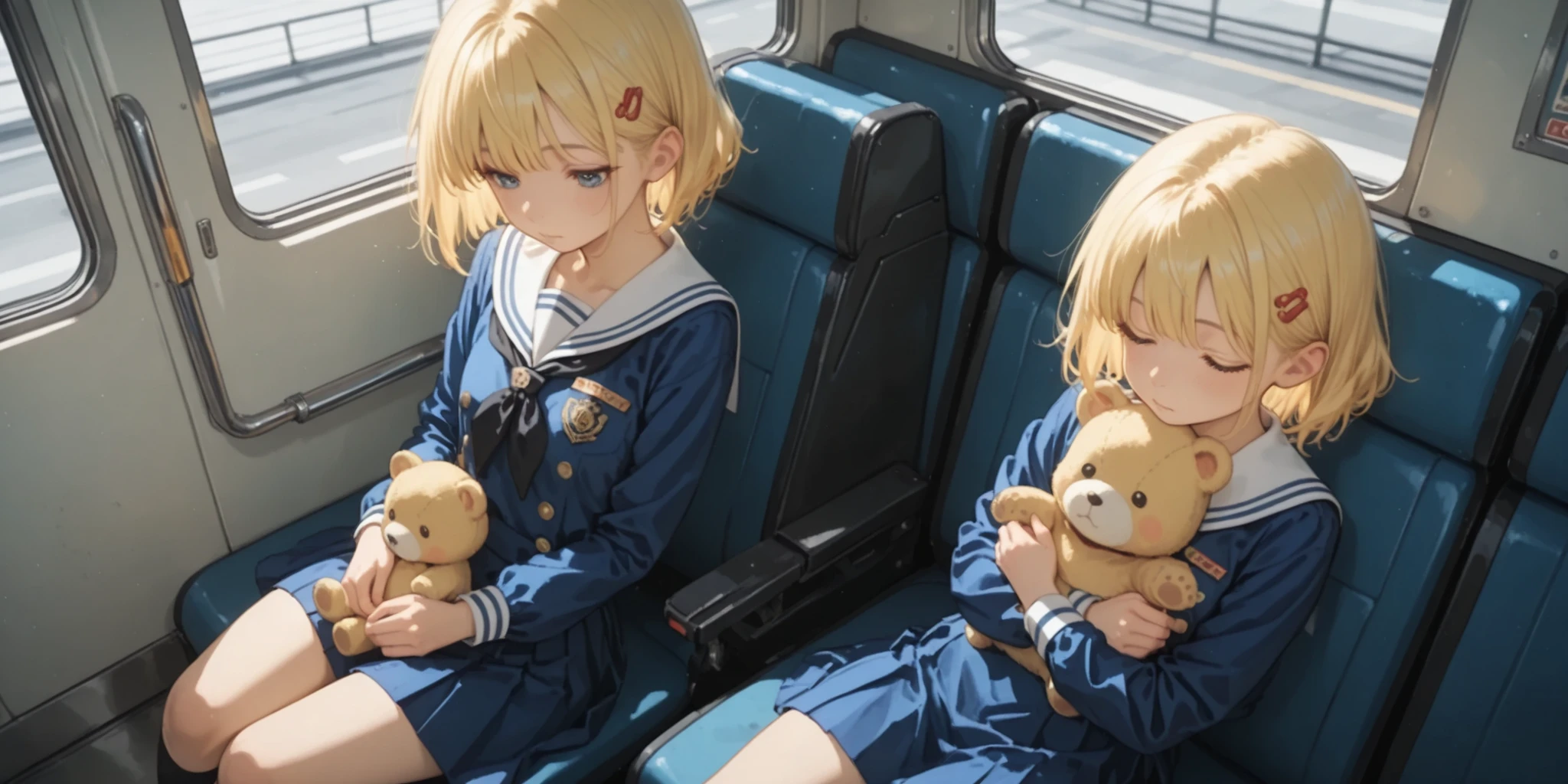 (masterpiece), (ultra high definition), 4K, 16k, 32K, (beautiful illustrations), (details), (beautiful and cute Japanese anime-style light:1.2), (cool Beautiful girls in cute Japanese anime style:1.2), cute anime sisters with a noticeable height difference. older sister is big, , Slightly upturned eyes, angled bangs, and glowing blonde. wearing a sailor suit based on red、cute anime looking at my pretty little sister lovingly. Little sister is petite, . sitting in a dark subway car. little sister is sleeping happily, leaning on older sister, holding a teddy bear carefully in her chest. The angle is from above , from a viewpoint looking down on the scene, emphasizes the height difference. the subway cars are dimly illuminated highlight the, The soft colors of the sisters、create a gentle and warm atmosphere in a dark subway environment. Soft light captures the 、Their youth々beauty and compassion, Amidst bustling transportation