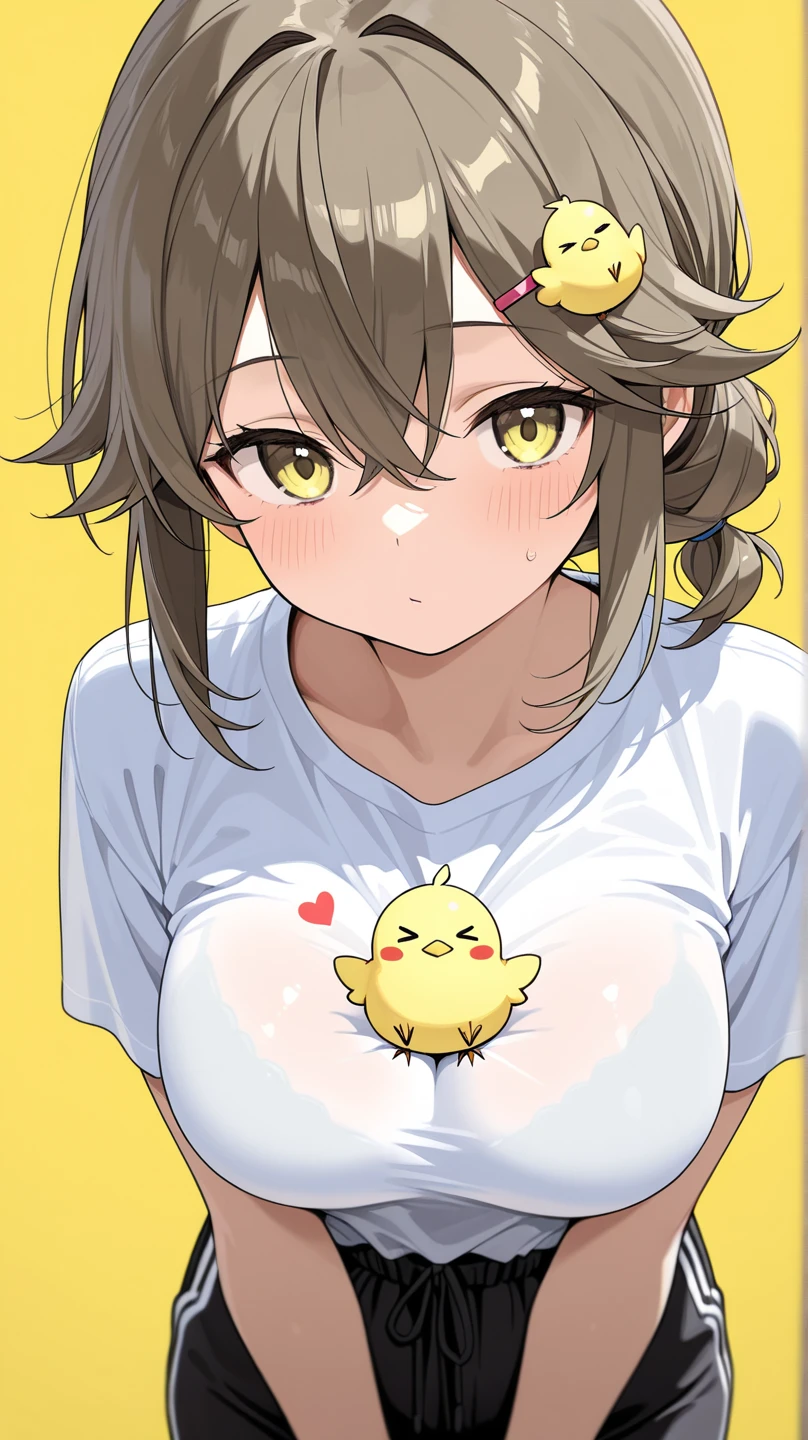 short hair, yellow headband, brown hair, school uniformTake off,creepy smile,(Large breasts) ,can see the bra,(covers his chest with her hand)