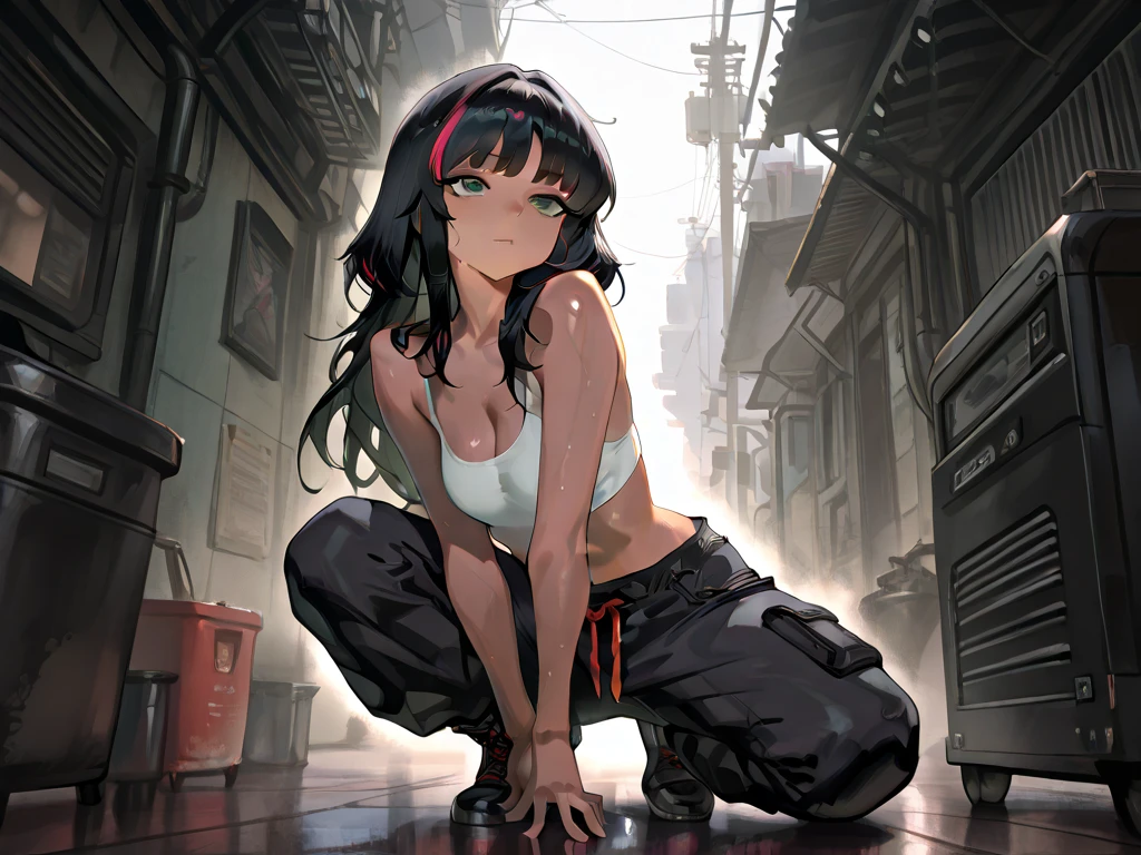 ((Highest quality)), ((masterpiece)), ((detailed)), 4K, nsfw, 1girl, 独奏, blackblue hair, long hair, side ponytail, large breasts, sports bra, torn bike shorts, pussy, sweat, rain, wet, blush, angry, aroused, stand, open legs, looking at viewer, (from below), (looking down)
