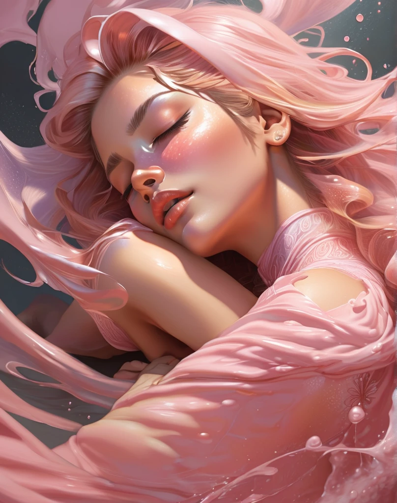 A pink haired beautiful japanese princess with large breasts lying down on her back shirtless with her eyes closed and smilng