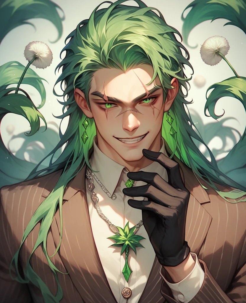 , Young man, eye trace, Eyes that shine green, green glow in the eyes,very long hair , black gloves on hand, scar on the eyelid and eyes, dandelion necklace, Evil smile, elegant brown suit, double tail, Comillos de Leon smile