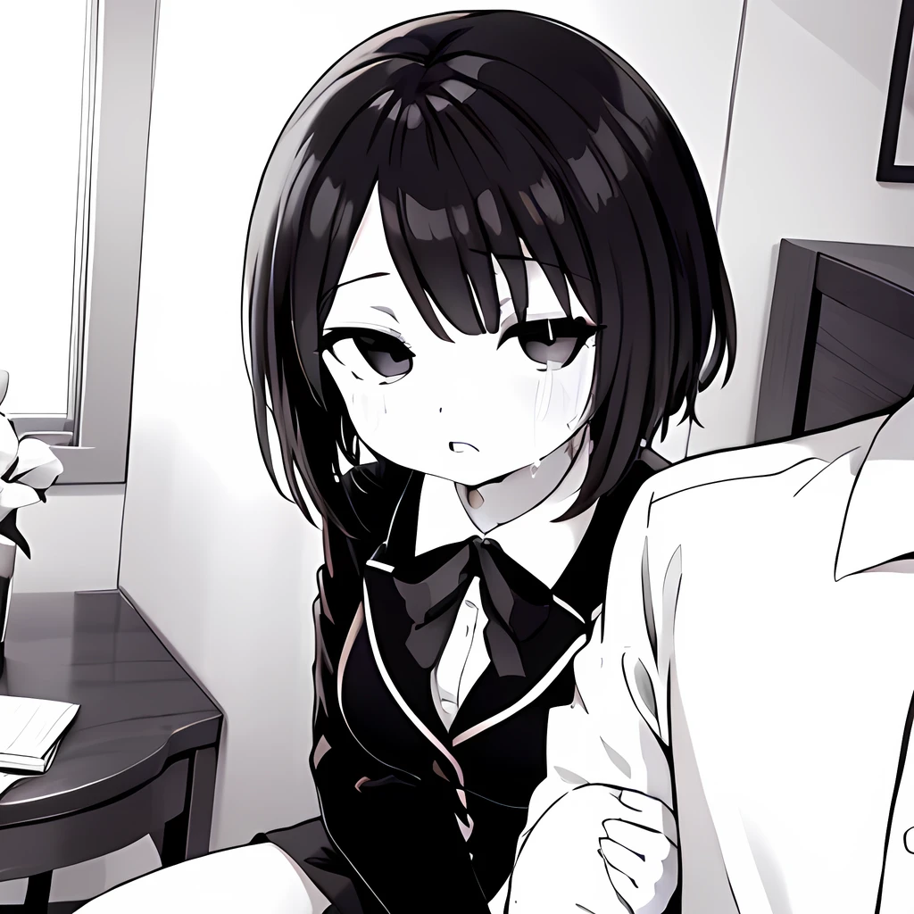 ((( Line art ))),((( monochrome:1.1))) ,1girl,1boy ,pov_arm_hug,iris , Dark Eyes ,( small eyes ),(Slanted Eyes) ,(black hair),( short hair ),bangs ,(half closed eyes),cry,shake her head,(((short stature:1.2))),(black blazer ),white shirt ,red ribbon ,(big breasts ), (disproportionate breasts) ,in the house ,(((sitting bedside ))),in bedroom,upper body ,(((girl focus))),looking at down,