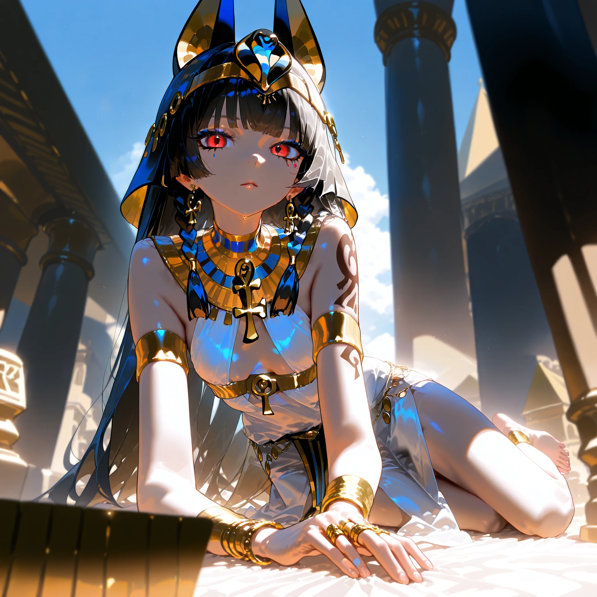 (High quality CT,4K,High resolution,main part:2.3),Very detailed,realistic:1.37,Best quality,masterpiece, high resolution,on_body, Tyndall effect,photorealistic, edge lighting, Two-color backlight,(high definition of skin:2.3), (8K UHD, DSLR quality, soft lighting, high quality, surround lighting, sincere, de 8K , 4k, 8K.) An Egyptian princess. A girl with an elegant slim build, a narrow waist, and small almost flat breasts. She has white skin with Egyptian tattoos. She has red eyes. She has Egyptian makeup: blue eye shadow, black Egyptian eyeliner. She has a black Egyptian square wig on her head, consisting of many braids decorated with gold beads. On her head she wears an Egyptian tiara with a lotuses. She is wearing a white Egyptian tight Kalazaris dress. on her neck she has a wide collar consisting of many rows of gold beads made of colored Egyptian gold. She has ankh-shaped earrings. She has gold rings on each finger, and rows of gold bracelets on her wrists and ankles. She's barefoot. IN the background: an Egyptian temple surrounded by an oasis.blooming palm trees, blooming tropical flowers. Egyptian pyramids, desert.