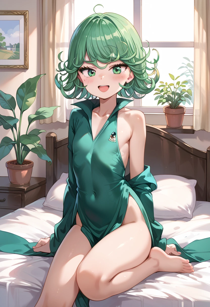 (master part, best quality), 1girl, beautiful face, Tatsumaki, vestir, vestido preto, Full body naked in bed with and without bra Woman's body set sample of large breasts