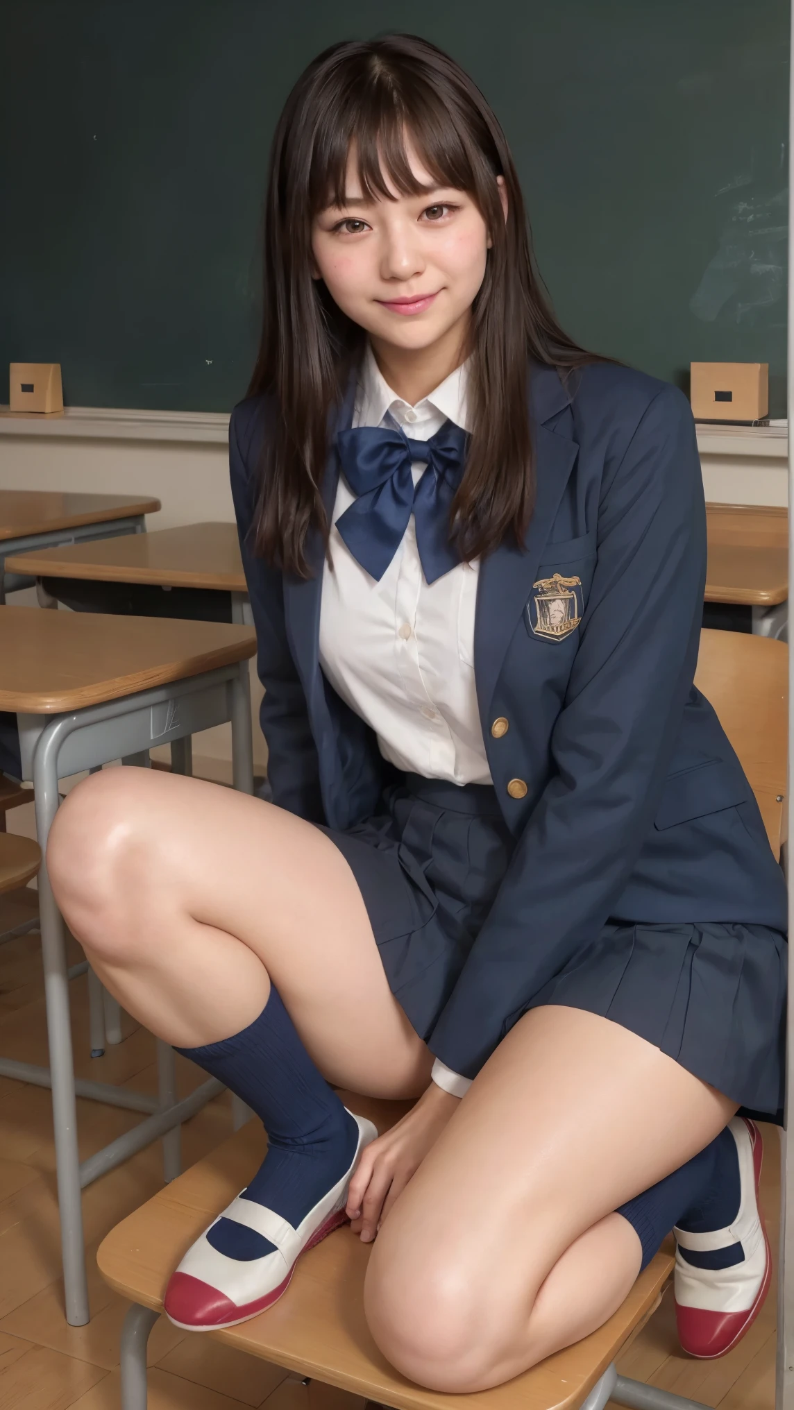 1 female、(super beautiful)、(beautiful face:1.5)、(adult face)、18 year old high school girl、(white panties:1.2)、spread your legs to the side、(high school uniform)、(navy pleated skirt)、school sweater、brown hair、put on makeup、classroom chairs、(At SFW:1.7)