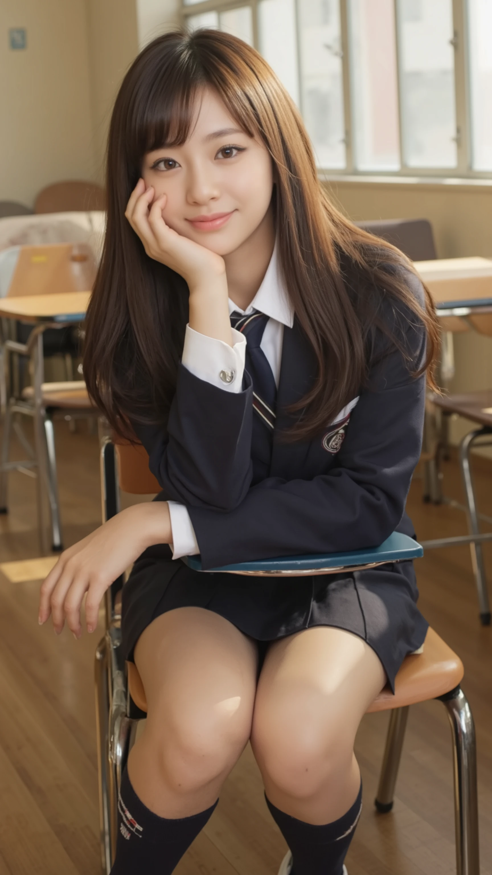1girl in,8K, Raw photography, top-quality, masterpiece, realisitic, Photorealsitic, A smile, Schoolgirl Uniform, cute little,High School Classroom, The upper part of the body,Squatting