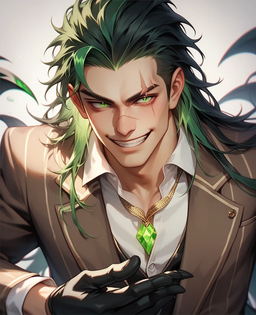, Young man, eye trace, Eyes that shine green, green glow in the eyes,very long black hair, black gloves on hand, scar on the eyelid and eyes, tooth necklace,Evil smile, elegant brown suit, double black tail, Comillos de Leon smile