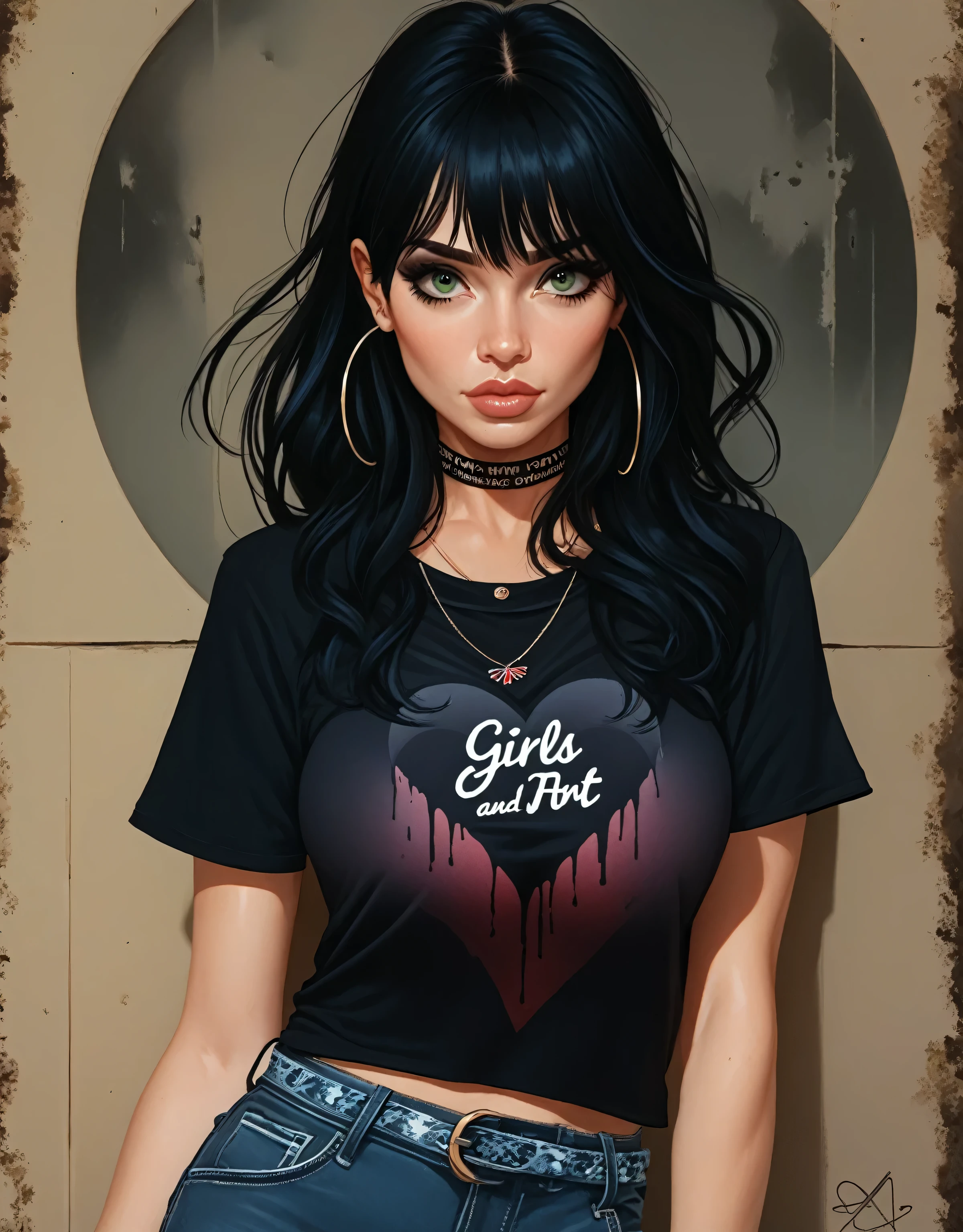 beautiful 25 year old woman , ((( big breasts))), black hair, woman in rock style , black GirlsAndArt t-shirt with heart print.