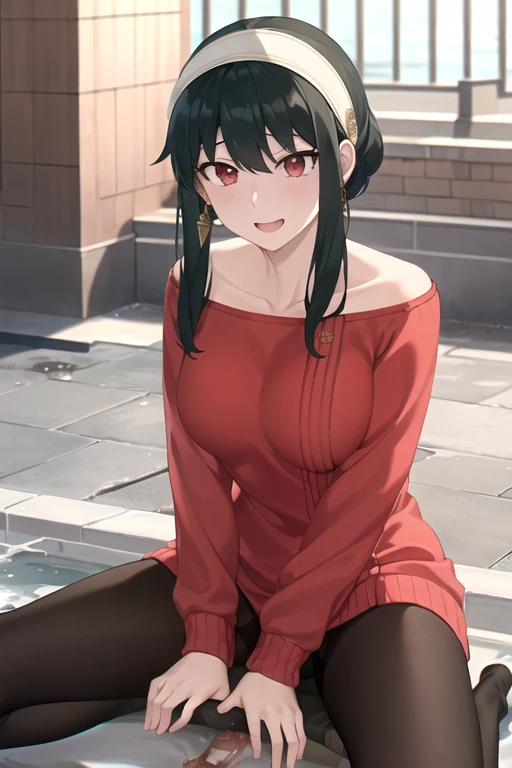 High resolution、masterpiece、1 girl、Bjorf、short hair with long hair、black hair、white hair band、red eyes、gold earrings、 gem、off shoulder、red sweater、long sleeve、Slender、thin thighs、grin、sleep face up on the bed、spread your legs、raise your knees、raise your legs、Pubic hair is visible、Pay attention to the crotch、Lower body naked