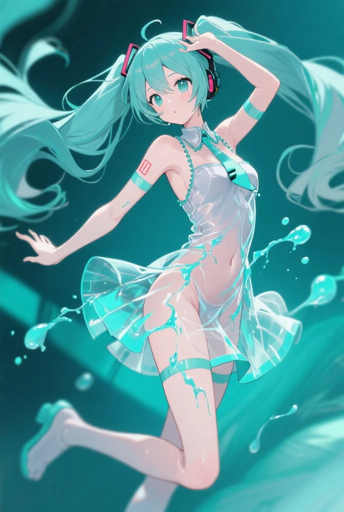 blue theme, Hatsune Miku portrait，masterpiece, magic , (Impossible Dress:1.5), mini skirt, Gradient background, Silver-blue hair, , Bangs,Side Chain, pink eyes, (ulzang-6500-v1.1:0.9), 中等Chest, Chest, Thigh gap, Hair accessories, arching back, Black_witch_have,complicated_decorate,mystery_fountain,luminescent_crystal