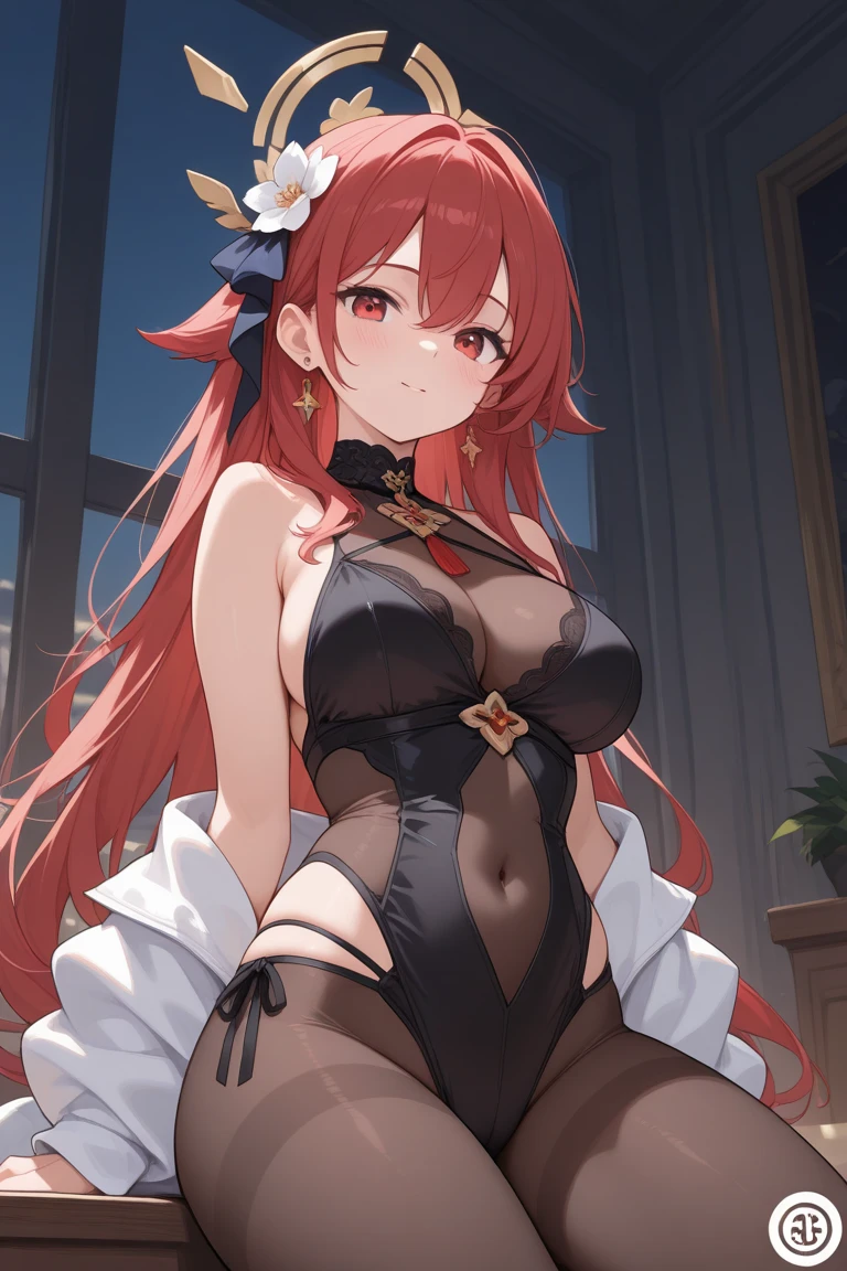 Sexy pregnant catgirl, cleavage, bunny ears, curly red hair, black party dress, pregnant
