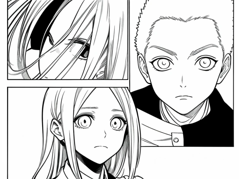 A guy in cape putting his sword at neck of a busty woman, large breasts, blood she crying, black and white manga image.