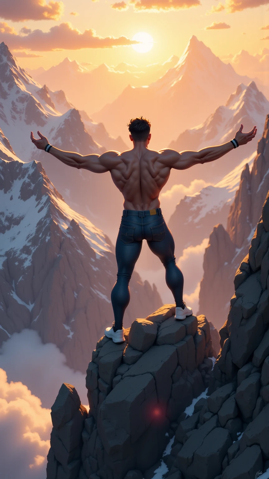 A bodybuilder balancing on his sneakers on top of a mountain 
