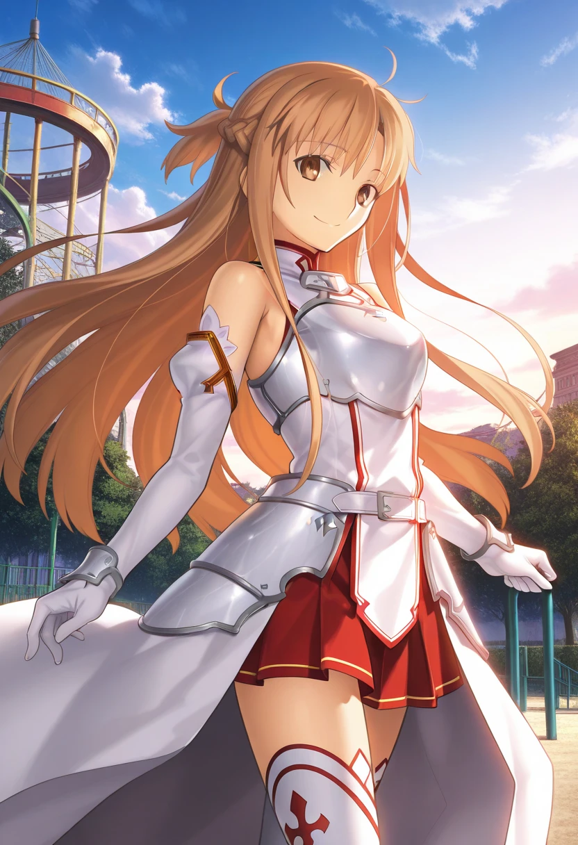 masterpiece, best quality, highres, aaasuna, long hair, brown hair, braid, brown eyes, bare shoulders, armor, breastplate, white sleeves, detached sleeves, red skirt, pleated skirt, white thighhighs, waving, smile, leaning forward, open mouth, town, fantasy