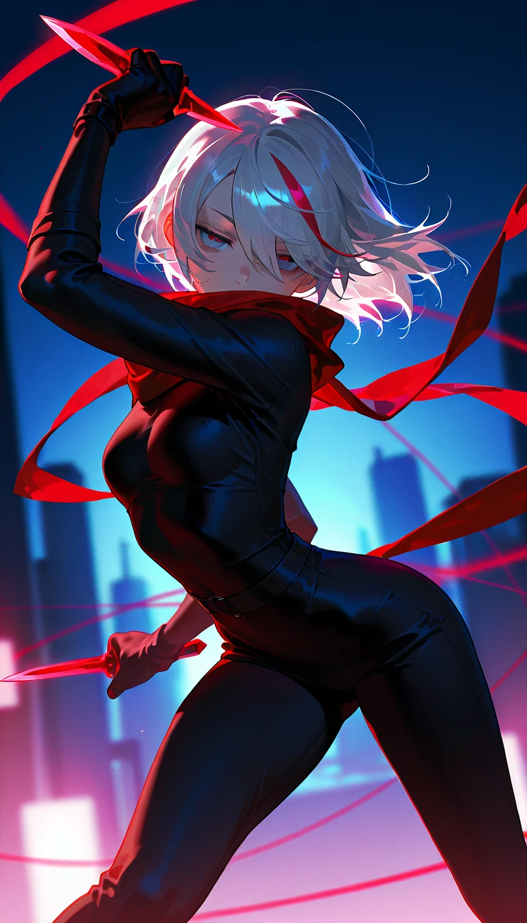 Create something original of Tattooed girl in black leather clothes, hair like Harley Quinn, using a submachine gun and with one of her arms dissipated