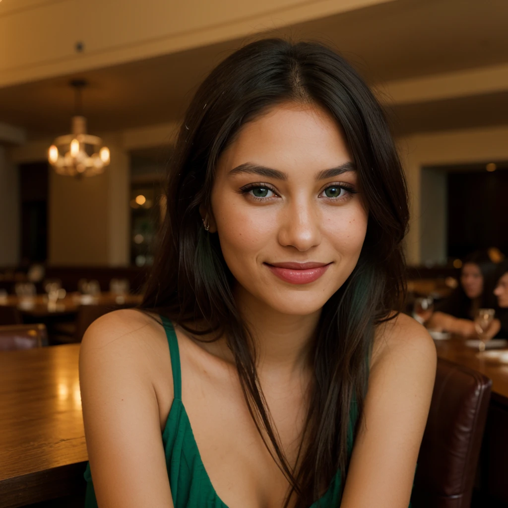 Create a photorealistic, hyper-detailed image of Jenna Ortega having a luxurious dinner in a Caesar's palace in Las Vegas. She is happy and smiling, capture close up of her and other tables with guests in the background. Use film grain and high-contrast shadows for drama. Export in RAW with a vibrant, luxurious Instagram LUT