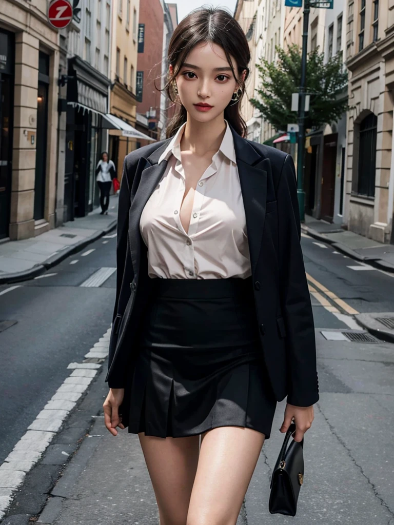 a 18 year old face of the most beautiful actress in the world, the perfect body proportions of a female, the perfect shaped female breasts, tight blazer is worn with formal shirt on female upper body, shirt skirt is worn with panties on female lower body, detailed panties between bare legs under short skirt, sexy female thighs, standing, at the city street, nsfw, best quality, highly detailed, masterpiece, ultra high res, photo realistic, 8k