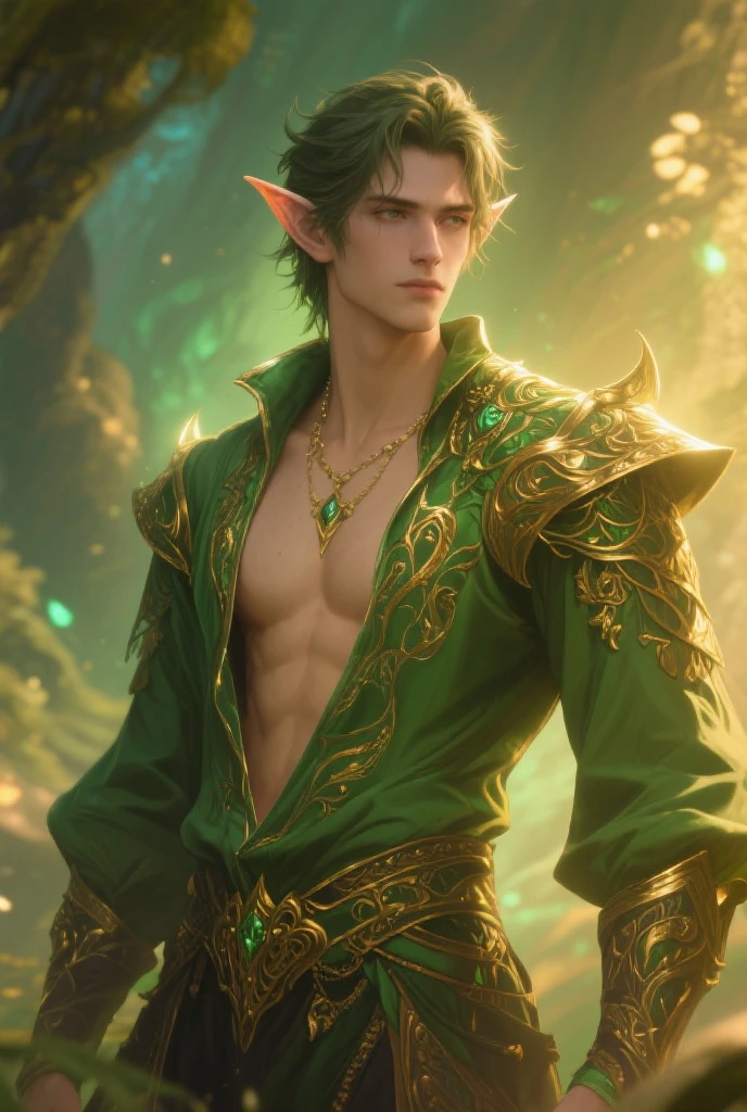 best quality,masterpiece,Ultra high detail,A handsome muscular fractal green hair elf druid prince, Short green hair,topless,),(wearing green wardrobe with jewelry ),realistic, waterfalls background, light environment 