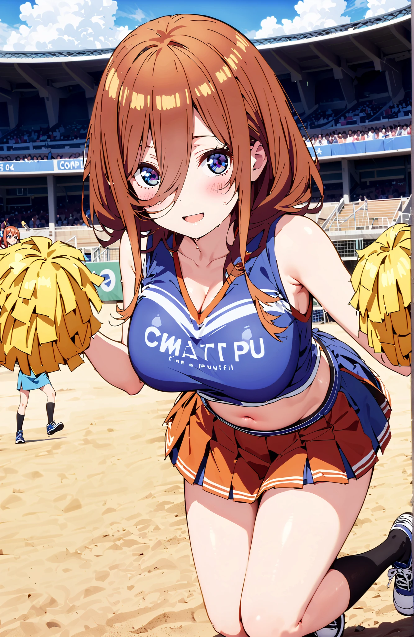 Kousaka honoka, blue eyes, standing in supermarket, from behind, smile, ahoge, cheerleader, miniskirt, midriff