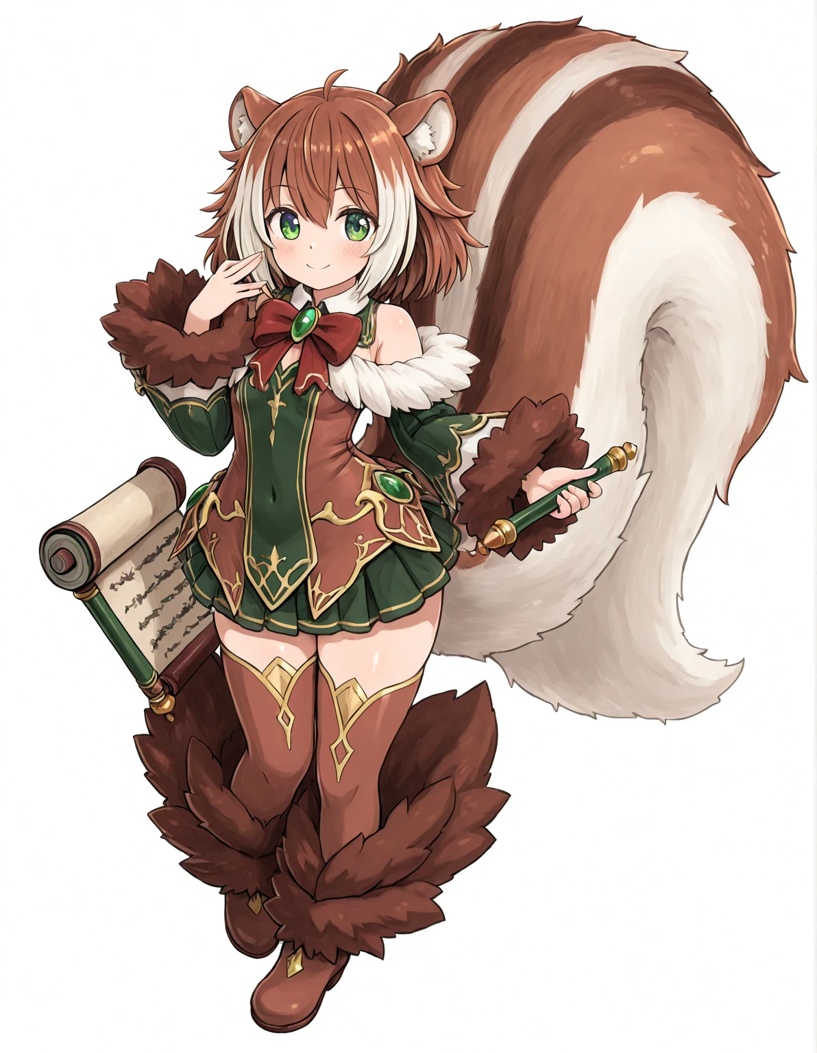 score_9, score_8_up, score_7_up, score_6_up, <lora:MonsterGirlXL_P6_lokr_V43P1NF:0.95> 1girl, squirrel tail, animal ears, tail, squirrel ears, solo, large tail, green eyes, brown hair, multicolored hair, scroll, monster girl, bell, animal hands, full body, looking at viewer, simple background, smile, white background, bare shoulders, blush, fluffy, brown dress, two-tone hair, dress, :3, short hair, bag, neck bell, long sleeves, white hair, squirrel girl, animal ear fluff, detached sleeves, hair between eyes, thighhighs, smug, armband, brown fur, animal feet, jingle bell, necktie