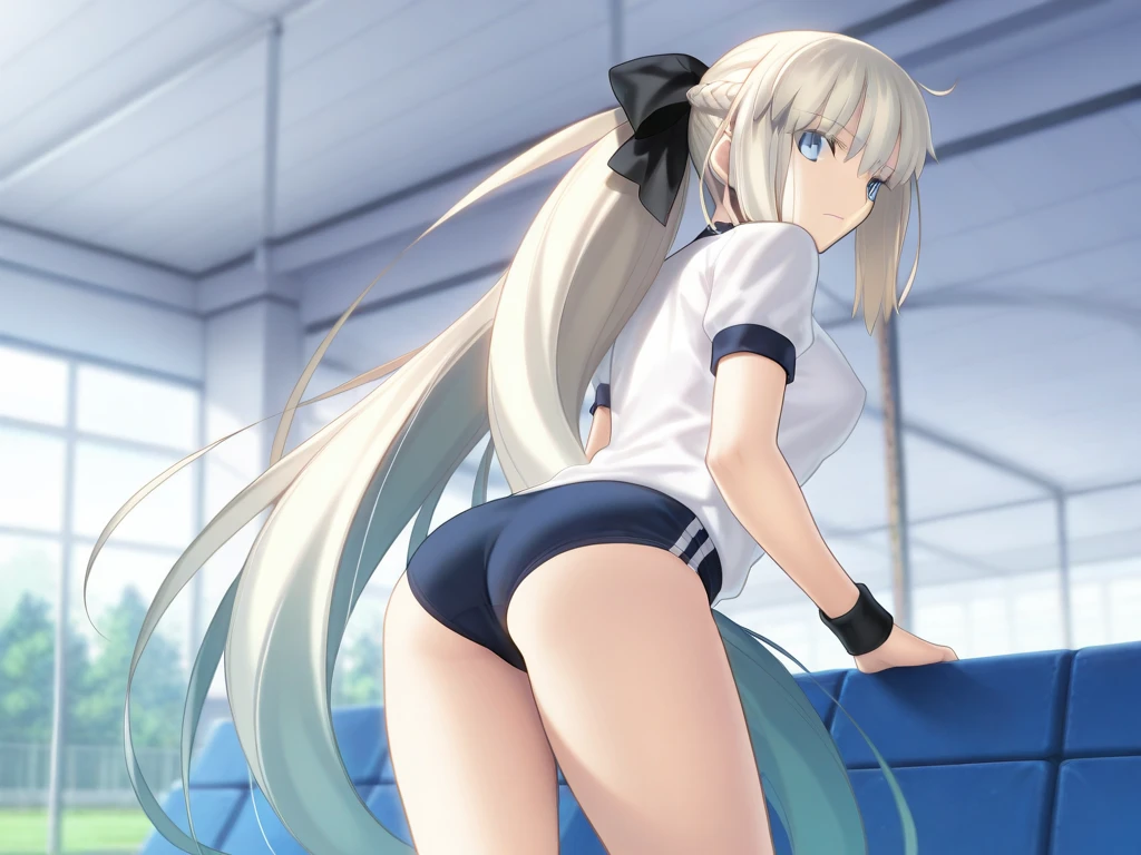 1girl, white hair, long hair, dark skin, dark-skinned female, large breasts, one-piece swimsuit, competition swimsuit, black swimsuit, ass, from behind, long sleeves, pool, poolside, yellow eyes, white trim, full body