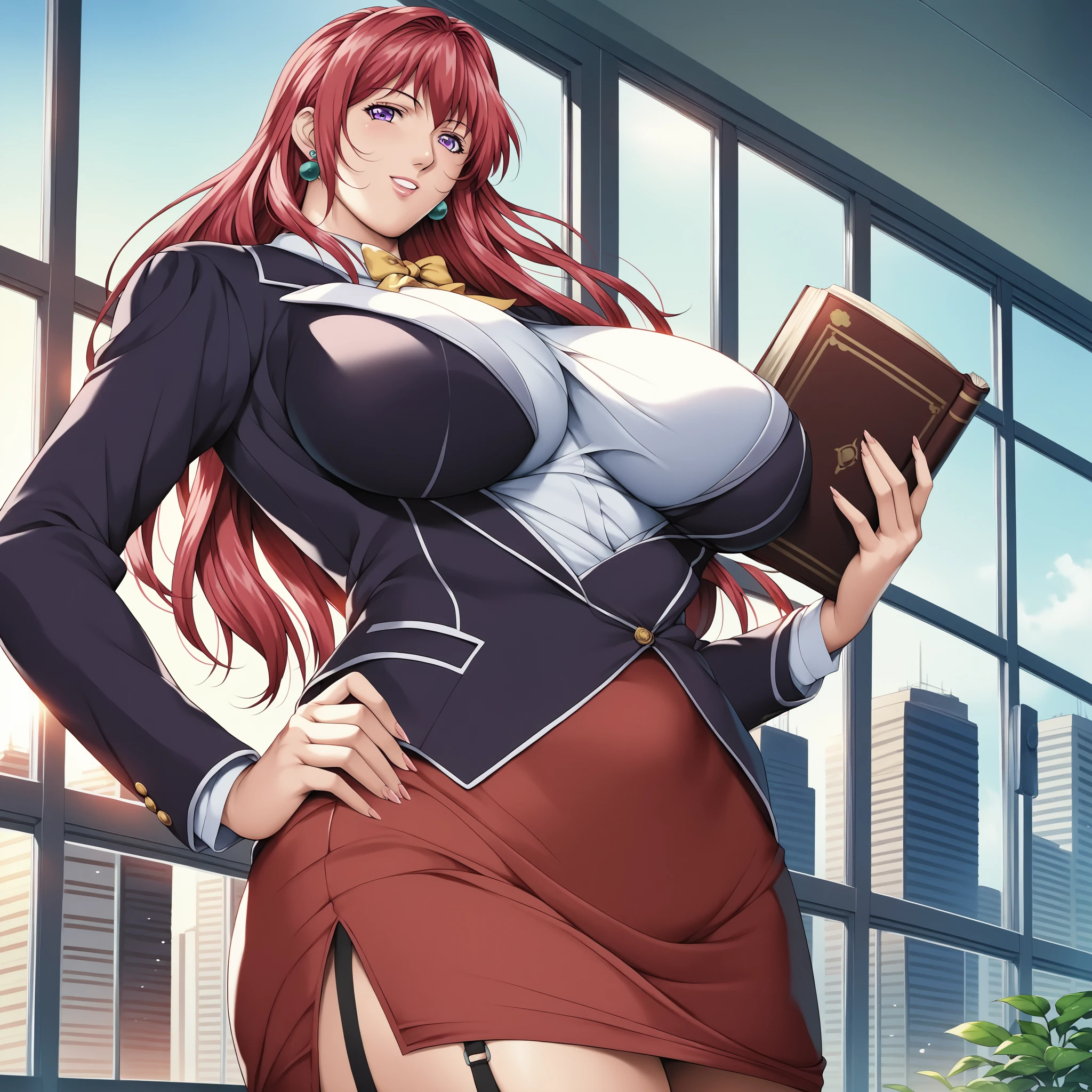 (Masterpiece, Best Quality, High Quality:1.4), professional artwork, Intricate Details, field of view, sharp focus, detailed painting, masterpiece, cinematic lighting, trending on pixiv, (vivid lighting, vibrant colors, by by Nagasawa Rosetsu:1.05),
Hiroko Takashiro, (mature female, milf:1.1), solo, (curvy:1.1), standing near chalkboard, holding chalk, classroom, (full body shot:1.1),
(red hair:1.05), long hair, lipstick, makeup, ultra detail hair, ultra detail face, (purple eyes:1.05), perfect eyes, perfect face, earrings, (confused, blush:1.2),
shirt, jacket, (black thighhighs, garter belt:1.1), zettai ryouiki, pencil skirt, school uniform, highheels,
(Large Breasts:1.1), Cleavage, big ass, thighs,
