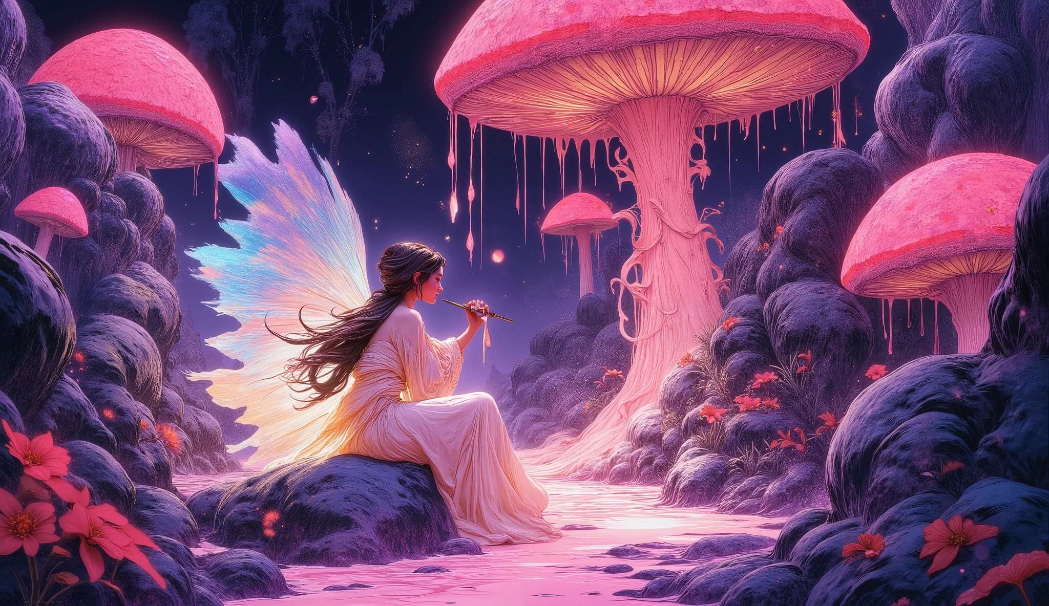 Ethereal fairy artist with translucent glowing wings and flowing iridescent robes, surreal otherworldly garden, giant bioluminescent mushrooms, alien flora, spray painting vibrant graffiti murals on enormous mushroom caps, melting oil gouache creating psychedelic patterns, dynamic fluid art shapes, glowing botanical elements, magical dust particles floating in air, dreamy atmosphere, energetic yet serene mood, CGSociety Candy art style, hyperrealistic hyperdetailed digital illustration, postmodernism, dynamic lighting, bioluminescent glow, cel-shaded, ray tracing reflections, vibrant neon color palette, studio quality, cinematic composition, shallow depth of field, 8K resolution, photorealistic textures, intricate details, magical realism, fantasy concept art, artstation trending, award-winning digital art