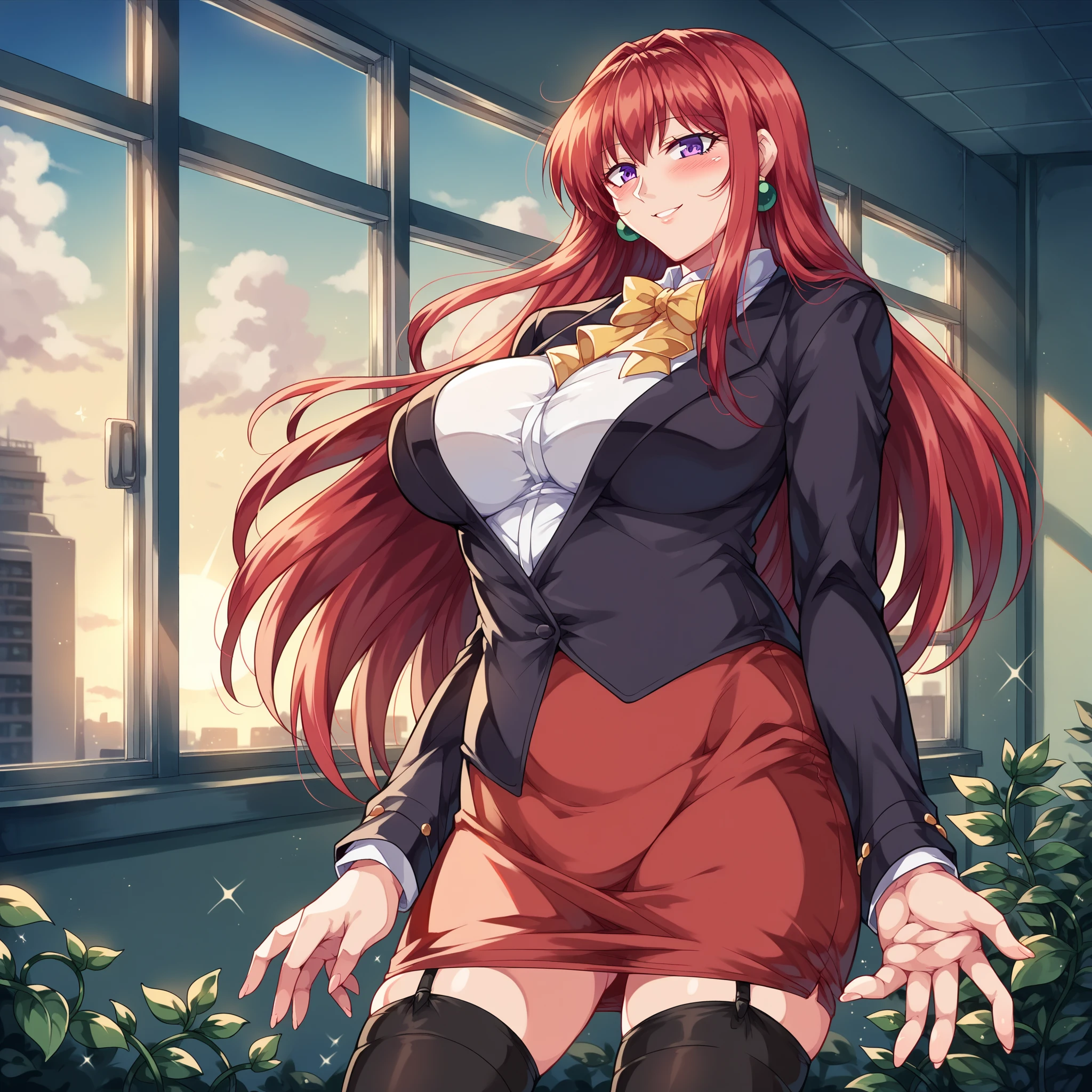 (best quality:1.5, highres, UHD, 4K, detailed lighting, shaders), red curly floral haired, gradient hair, large breasts, suit, T-shirt, social shirt, short skirt, mature woman , (pov), white background, colorful eyeshadow, dramatic lighting, sparkling eyes, sensual expression, golden earrings, flowing hair, delicate facial features, brown skin, high cheekbones, urban setting, black background, dont look for the camera, sitting on a chair upside down,  behind  the camera