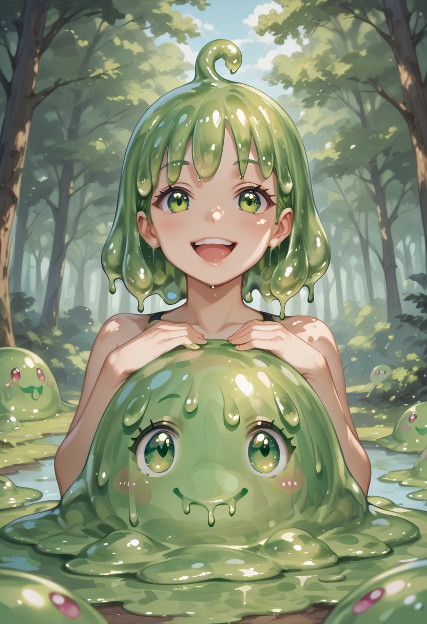 Slime Green Skin Teen Girl, with brown eyes, semi blue and semi green hair, with clothes.