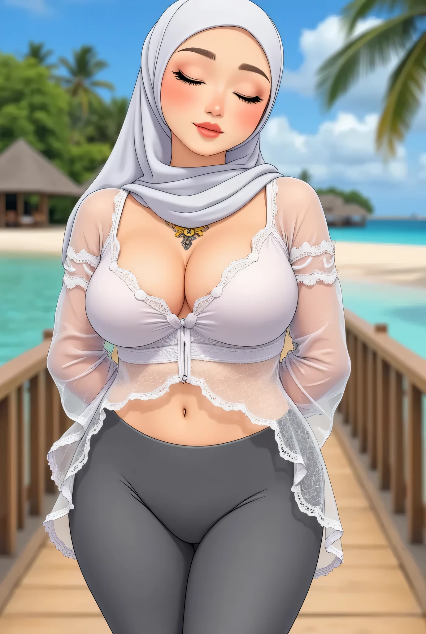 Body plump, (Create plump cartoons Ghibli style), (masterpiece, best quality:1.2), 1 hijab girl, ((wearing hijab)), large breast, cleavage cutout, Alone, transparent unbuttoned kebaya_Bali, sexy white _lace_kebaya_bali, mid shot, close up, stands on bridge, smiling, Bali beach background, beach, KEDUA BELAH TANGAN DILETAK DIBELAKANG PUNGGUNG , GREY Transparent LEGGINGS SPORTS, (TATTOO)