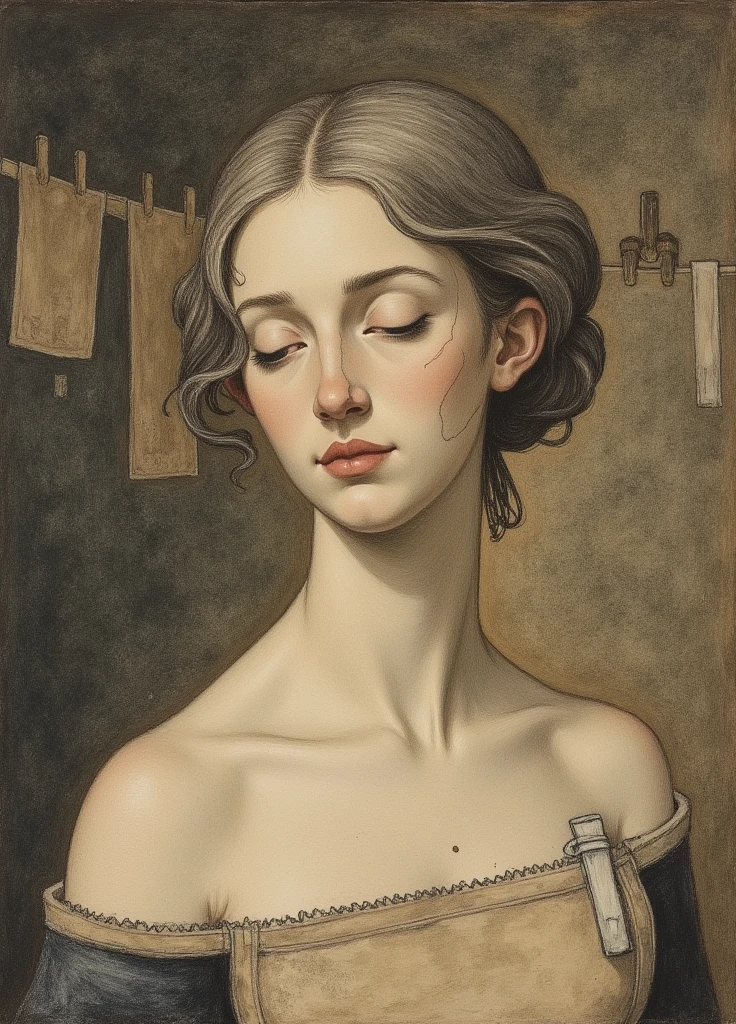 A hand-drawn portrait of a young, semi-nude woman, approximately 25 years old., Victorian era., post-impressionist style, minimalist brushwork, prosaic style, beautifully shaded, black ink on Manila paper,