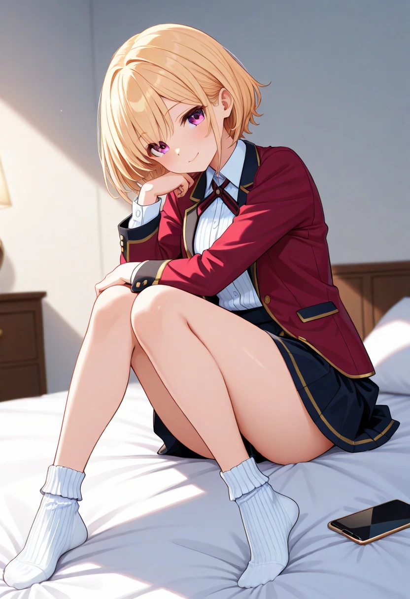 (Tabletop, Highest quality, Super detailed), One Girl, Purple eyes, Blonde Hair, Dark Skin, Short Hair、Perm Hair、((Long loose socks))、(Bedroom)、