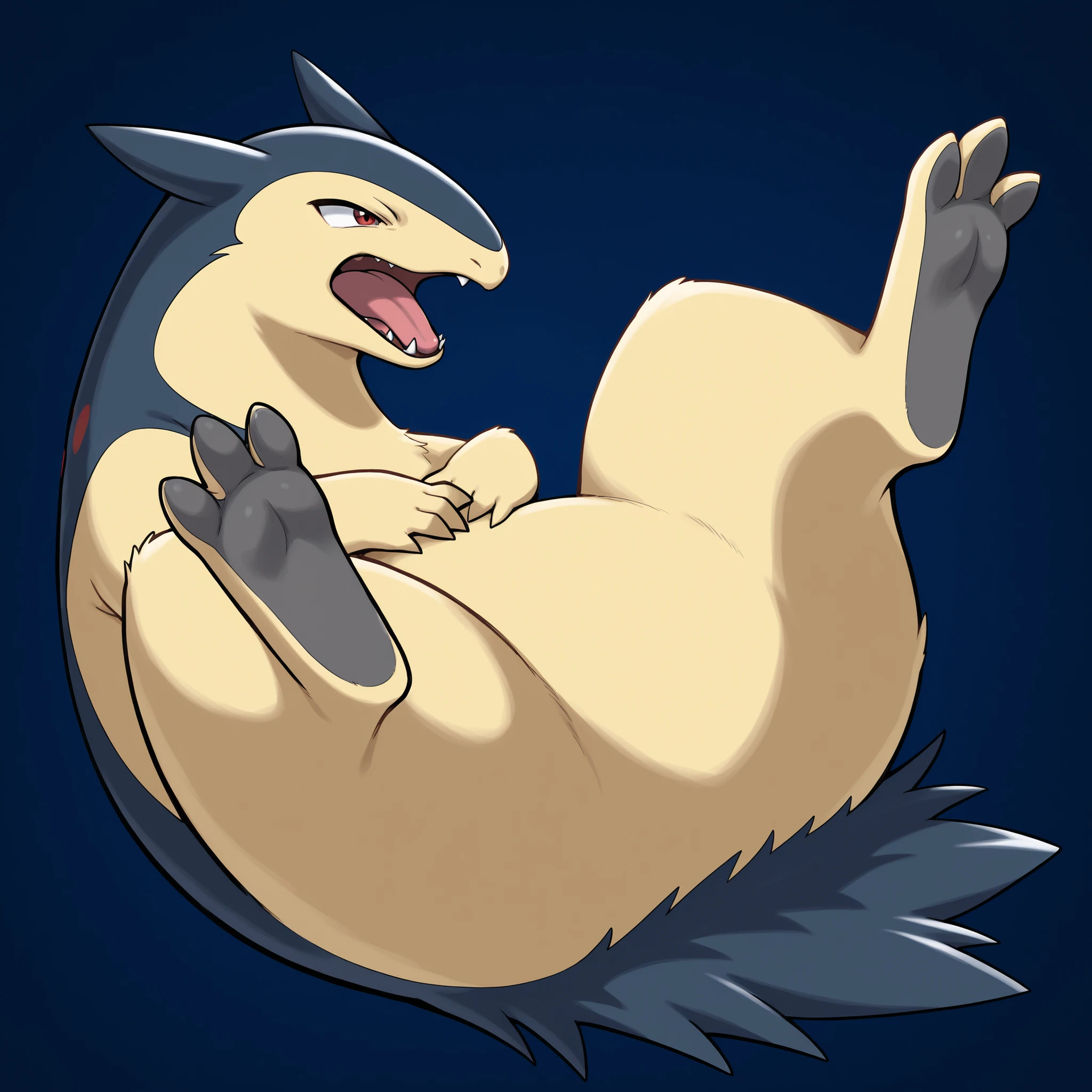 Art by snowskau, posted on e621, typhlosion,solo,male,seductive,balls,black balls,spreading legs,sheath,fluffy butt,belly,foot pawpads,feral,quadruped