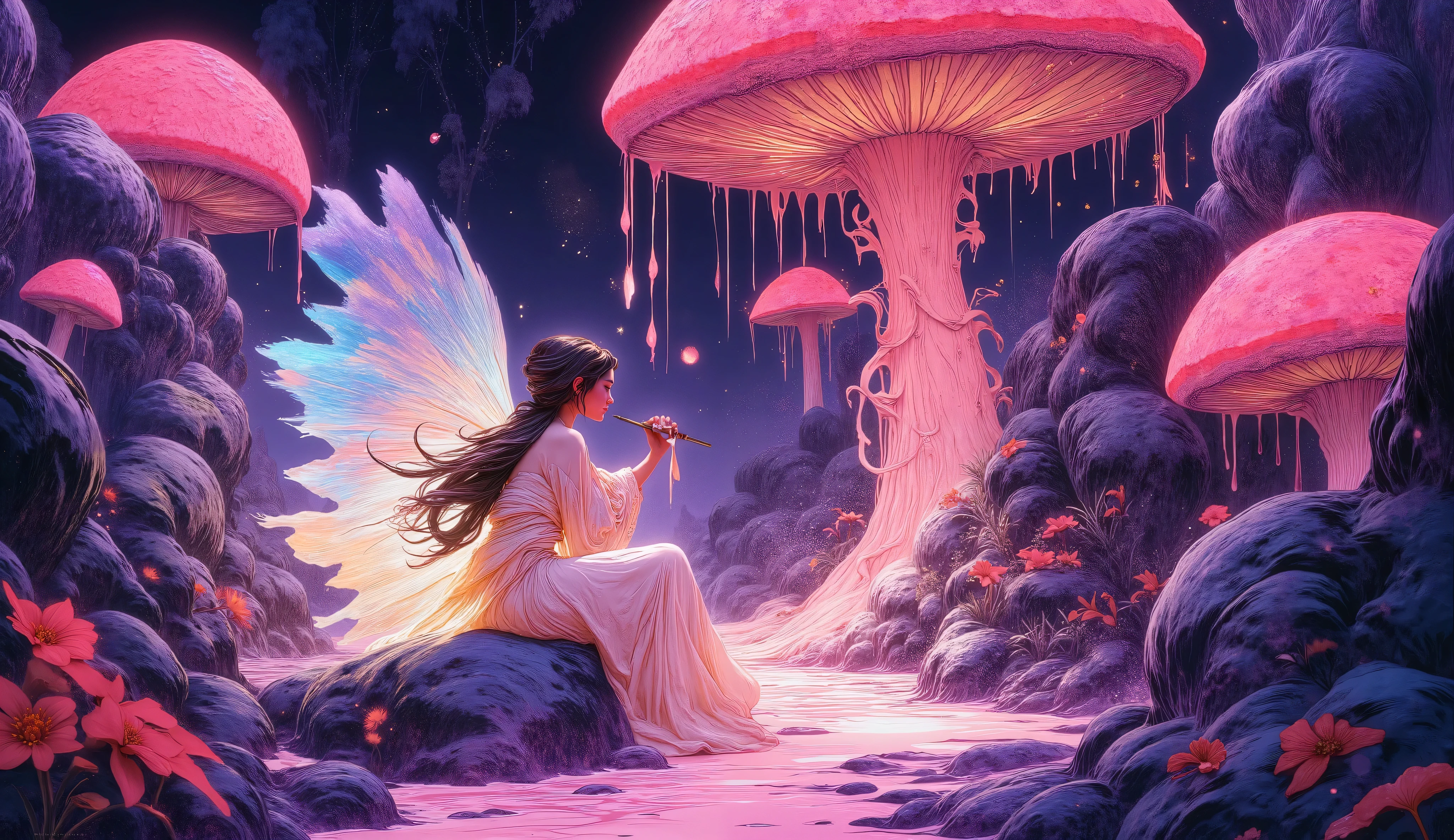 Ethereal fairy artist with translucent glowing wings and flowing iridescent robes, surreal otherworldly garden, giant bioluminescent mushrooms, alien flora, spray painting vibrant graffiti murals on enormous mushroom caps, melting oil gouache creating psychedelic patterns, dynamic fluid art shapes, glowing botanical elements, magical dust particles floating in air, dreamy atmosphere, energetic yet serene mood, CGSociety Candy art style, hyperrealistic hyperdetailed digital illustration, postmodernism, dynamic lighting, bioluminescent glow, cel-shaded, ray tracing reflections, vibrant neon color palette, studio quality, cinematic composition, shallow depth of field, 8K resolution, photorealistic textures, intricate details, magical realism, fantasy concept art, artstation trending, award-winning digital art