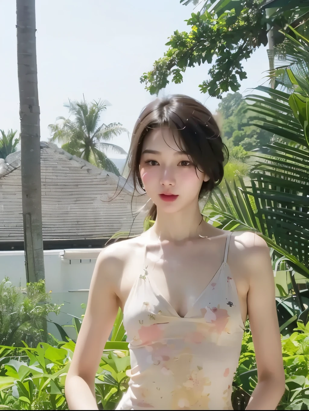 Highly detailed CG Unity 8k wallpaper, highest quality, Super detailed, masterpiece, realistic, photorealistic, Highly detailed cute girl, (25 years old), blush, round eyes, medium breasts, semi body shot, swimsuit, (on a boat), short hair